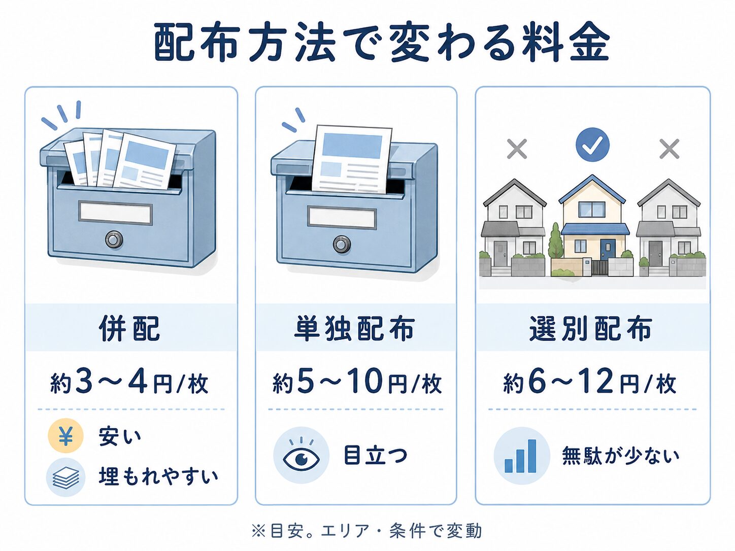 ポスティングの配布方法3種類（併配・単独配布・選別配布）の違いと1枚あたりの料金目安の比較図