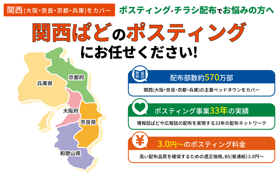 関西(大阪・奈良・京都) ポスティング・チラシ配布でお悩みの方へ　関西ぱどのポスティングにお任せください!